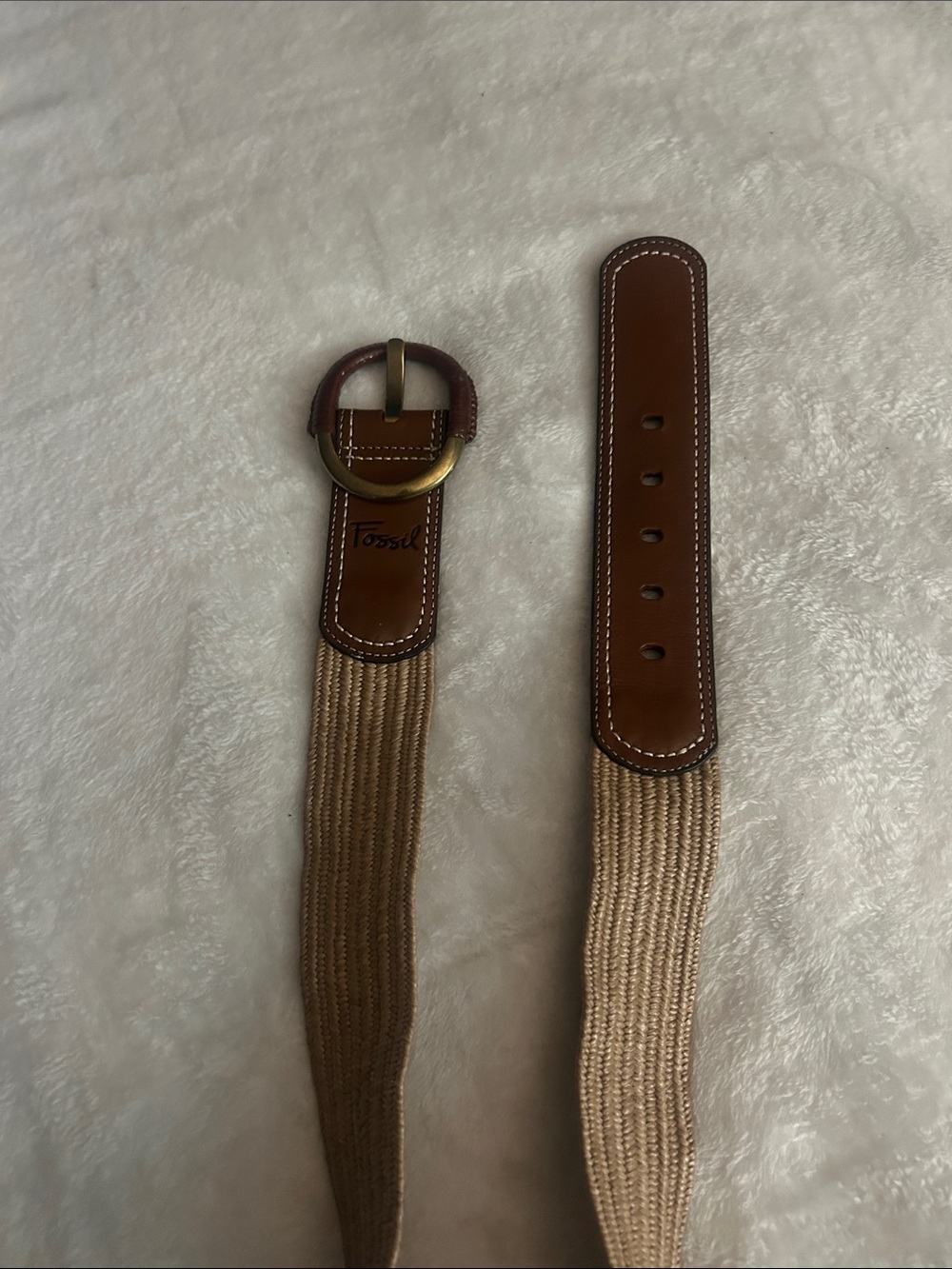 Fossil Women’s  Beige Woven Elastic Belt with Brown Leather Trim